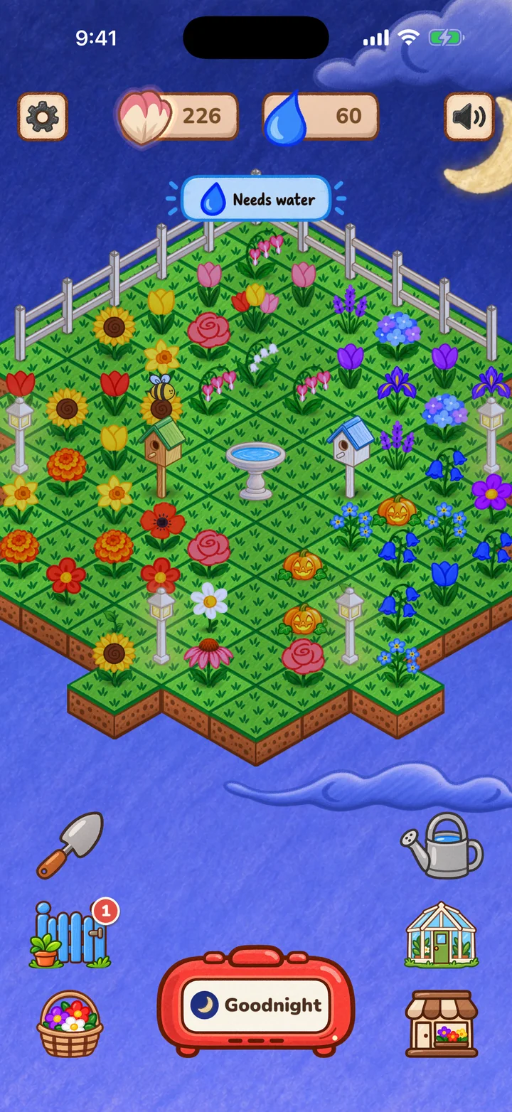 The garden at night.