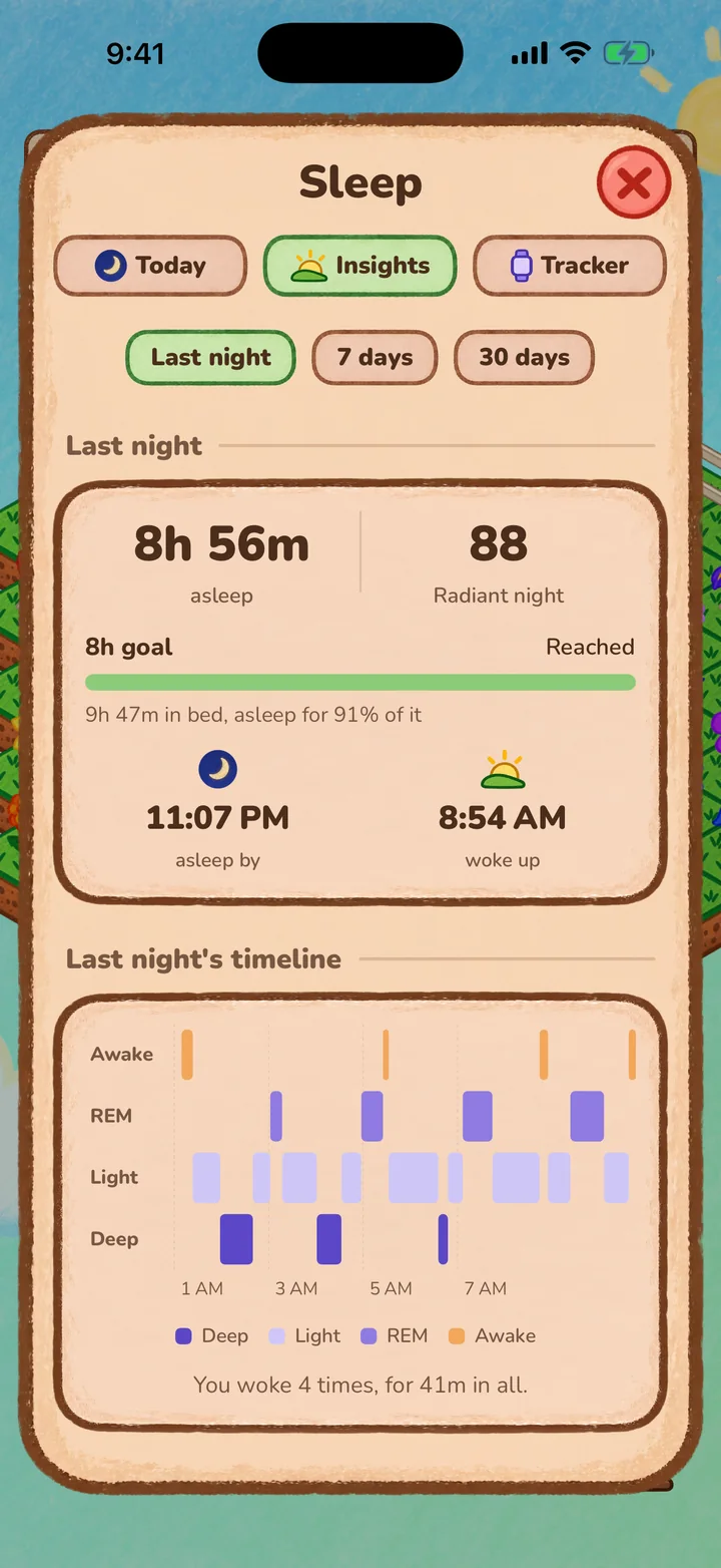 Last night: 8 hours 56 minutes asleep, a Bloom Score of 88, the times you fell asleep and woke up, and a timeline of sleep stages.