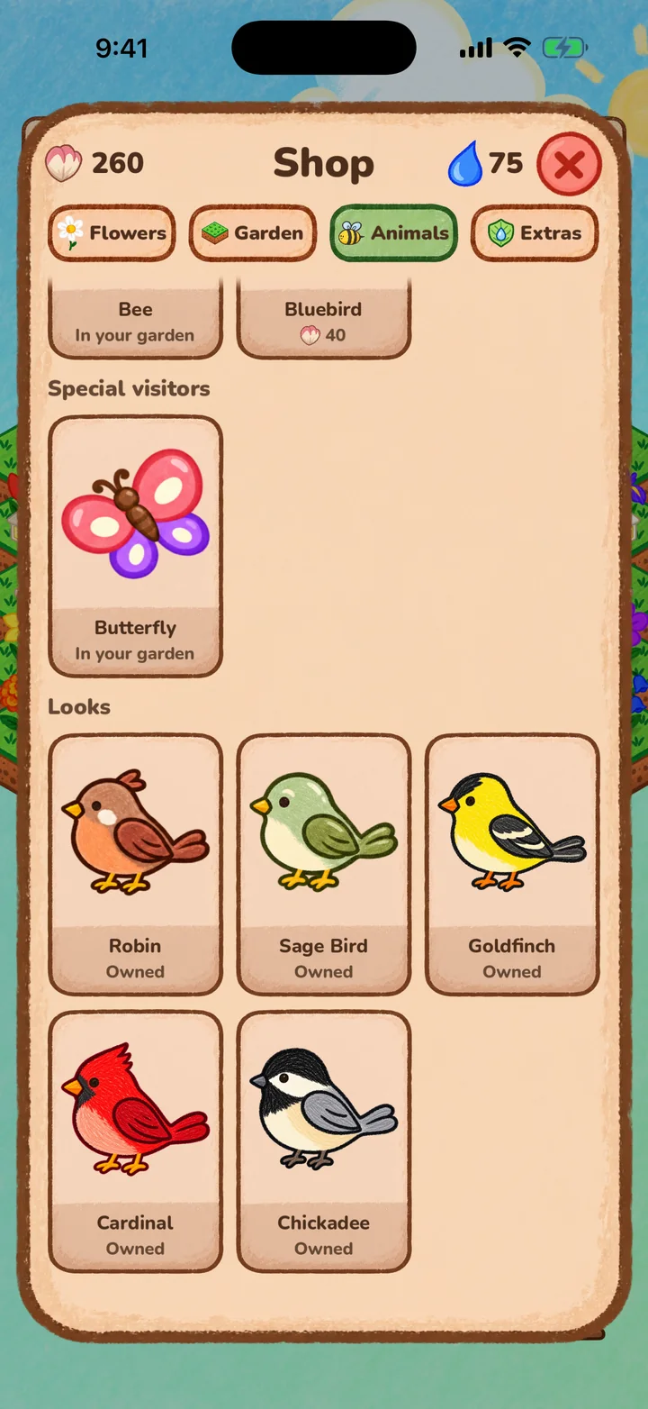 The shop's Animals tab: the bee and the bluebird, the butterfly as a special visitor, and five looks for your bluebirds: Robin, Sage Bird, Goldfinch, Cardinal and Chickadee.
