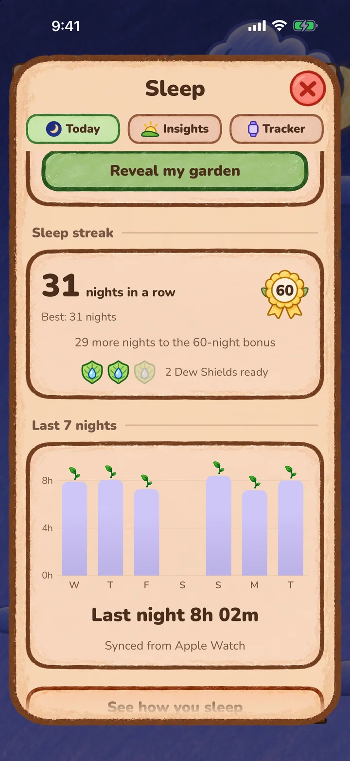 The Sleep screen at night: a 31-night streak, 29 more nights to the 60-night bonus, 2 Dew Shields ready, and a chart of the last 7 nights.